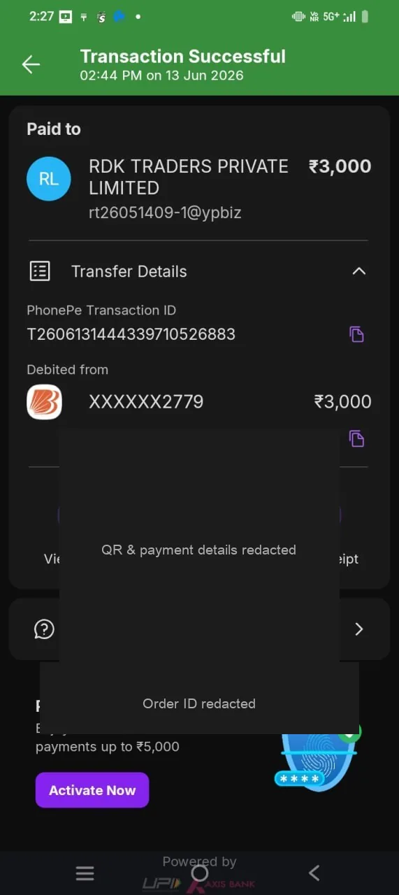 1GO Plus deposit cashier screenshot with QR and order ID redacted
