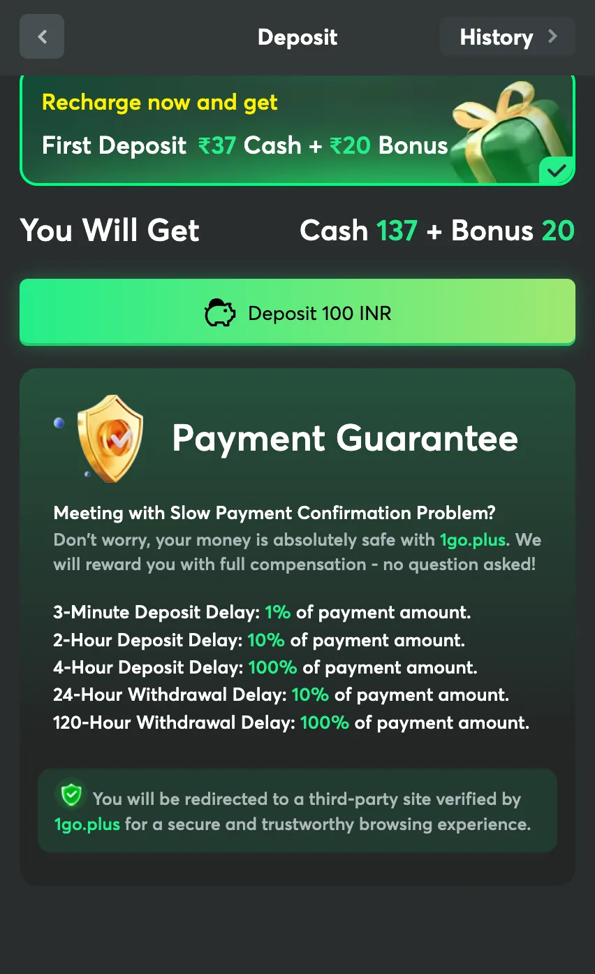 1GO Plus deposit screen with payment guarantee copy