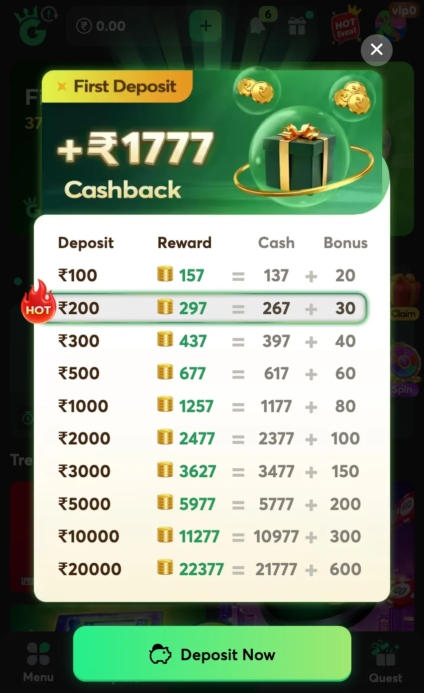 1GO Plus first deposit cashback table up to 1777 rupees