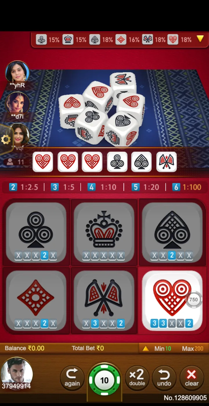 Live Jhandi Munda table on 1GO Plus with six symbol dice and INR bet grid