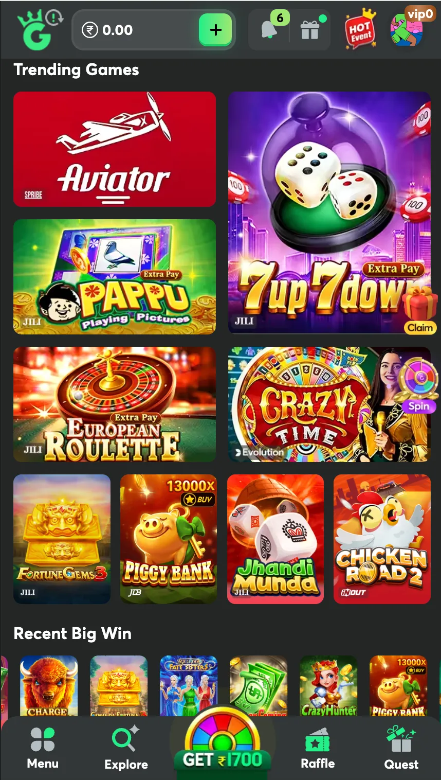 1GO Plus app Trending Games lobby with Aviator and casino titles