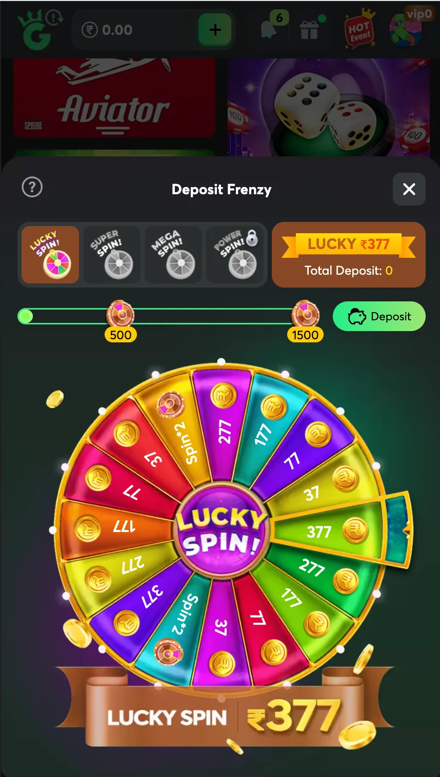 1GO Plus Deposit Frenzy lucky spin promotion screen