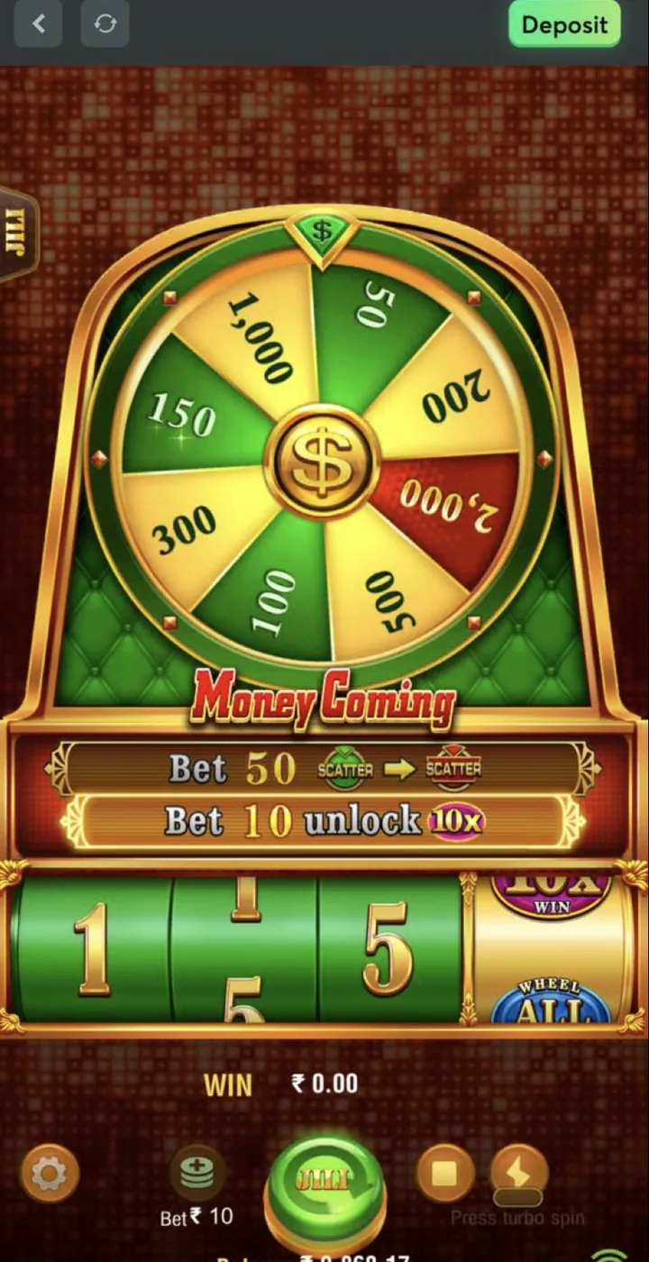 Money Coming real money slot on 1GO Plus with wheel feature and INR balance