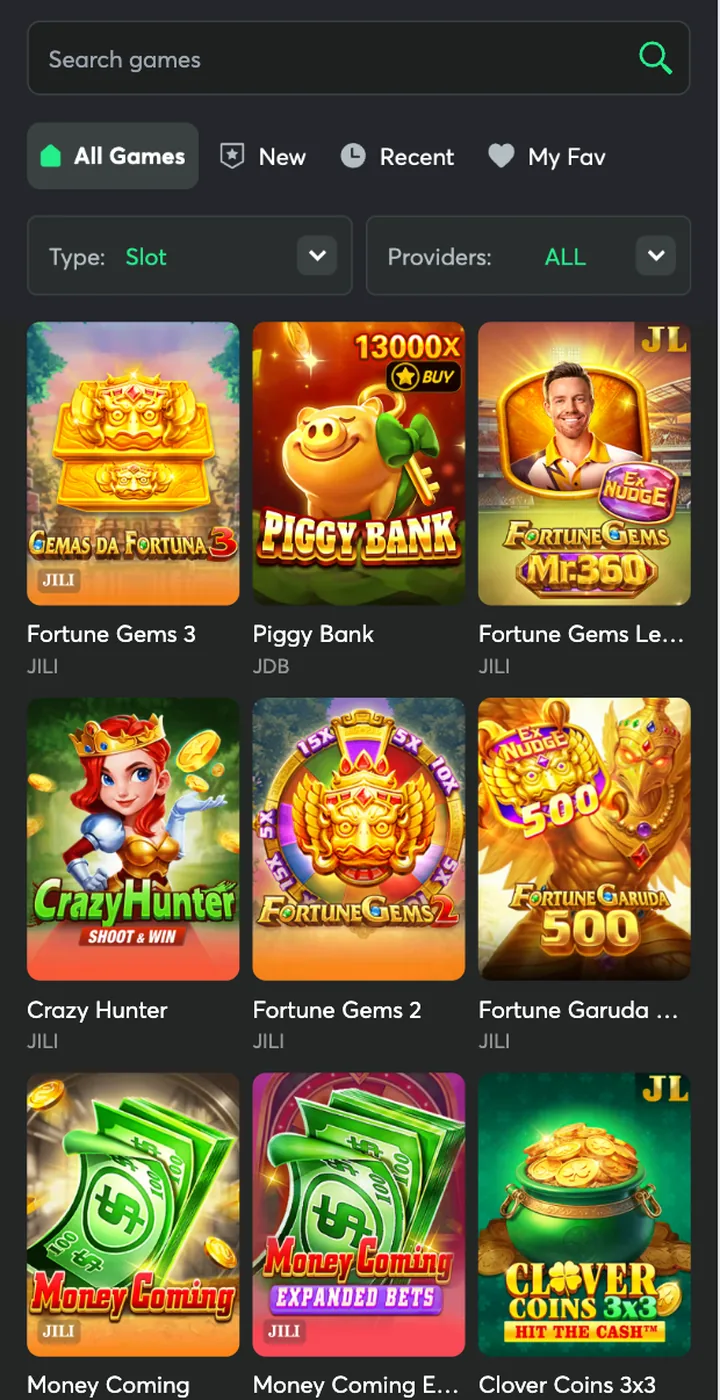 1GO Plus Slot filter lobby with casino slot game tiles