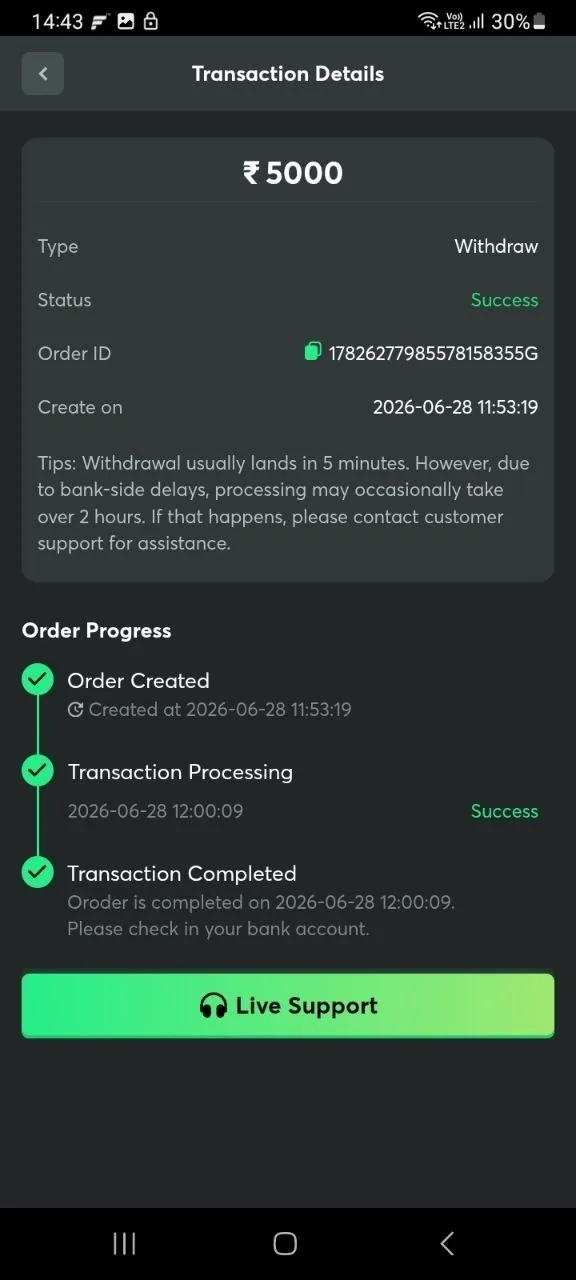 1GO Plus withdraw Success 5000 rupees with timestamps
